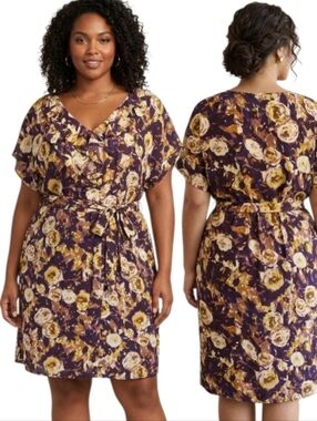 LANDS' END Purple & Gold Floral Print Ruffle Trim Blouson Dress - Size 18